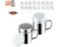 Poedersuiker strooier met fijne zeef - cacaostrooier - 2 stuks - bloemsuiker strooier - met 16x Cappuccino sjabloon - Poeder strooier - Barista Tools - RVS - 5 cm x 8.5 cm
