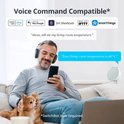 Man zit op bank met telefoon, draadloze koptelefoon op en hondje op schoot. Tekst: 'Voice Command Compatible'.