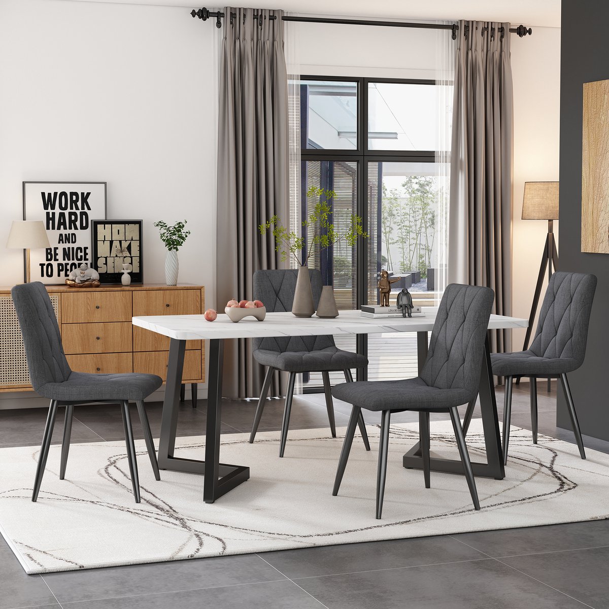 STILVORA Eettafelset Met 4 Stoelen - 117×68×75 Cm - Mdf Tafelblad Met Marmerlook - Voor Eetkamer Keuken Kantoor - Grijs Zwart