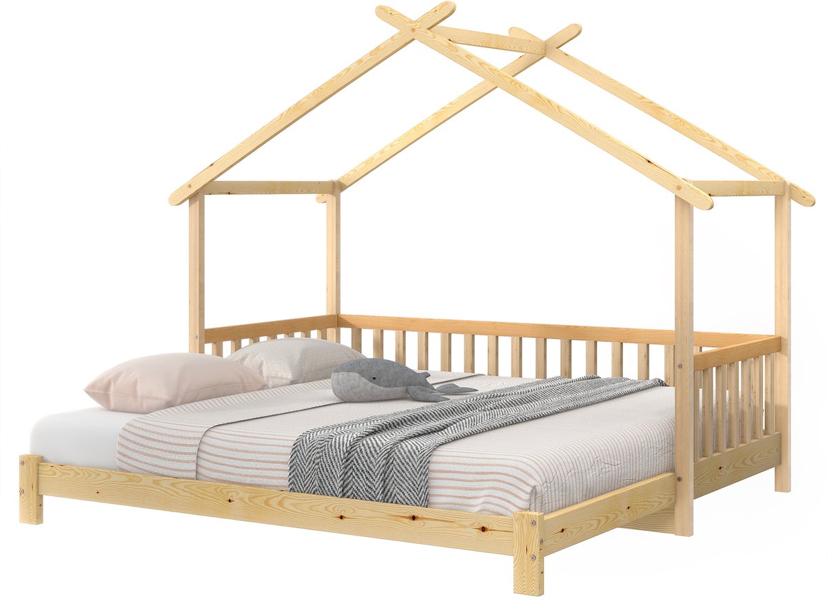 MIVRAY Uitschuifbaar Huisbed 90x200 180x200cm - Veranderbaar Van Eenpersoons Naar Tweepersoons - Met Zijhekken - Massief Hout - Naturel - Zonder matras