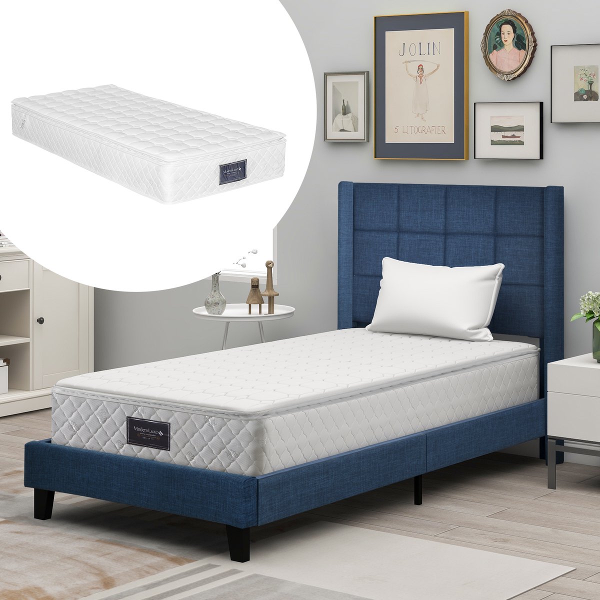 MIVRAY Gestoffeerd Bed 90x200cm - Met Lattenbodem En Hoog Hoofdbord - Voor Slaapkamer En Logeerkamer - Linnen - Blauw - Met Matras
