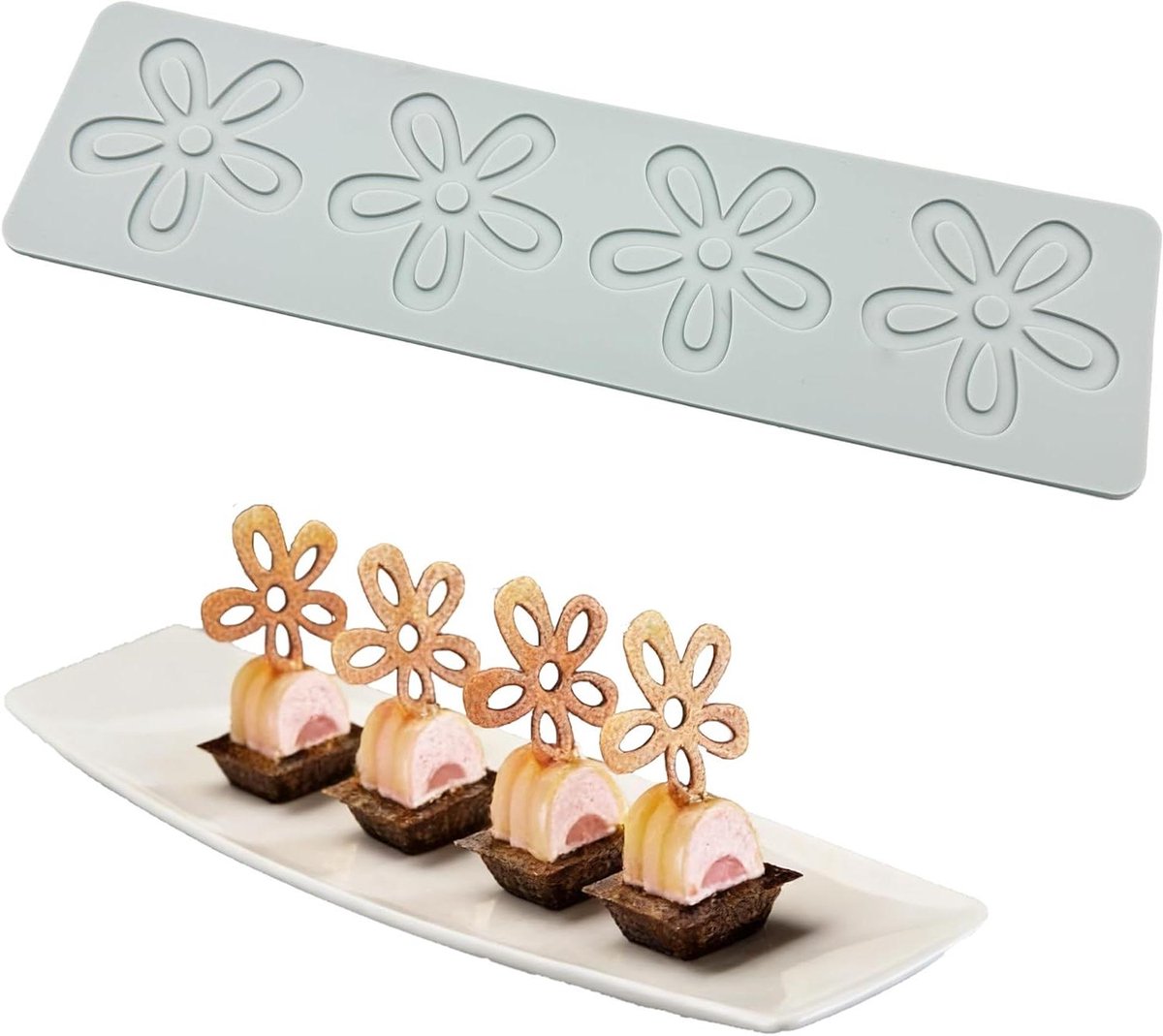 Vorm voor taartdecoratie en chocolade, kantpatroon, 4 holtes, grijs, Ø 5,5 cm