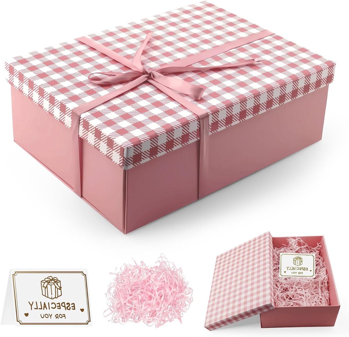 Geschenkdoos met deksel - 25 x 18 x 8,5 cm - wenskaarten voor verjaardagen, bruiloften, Kerstmis en Valentijnsdag - roze linten.