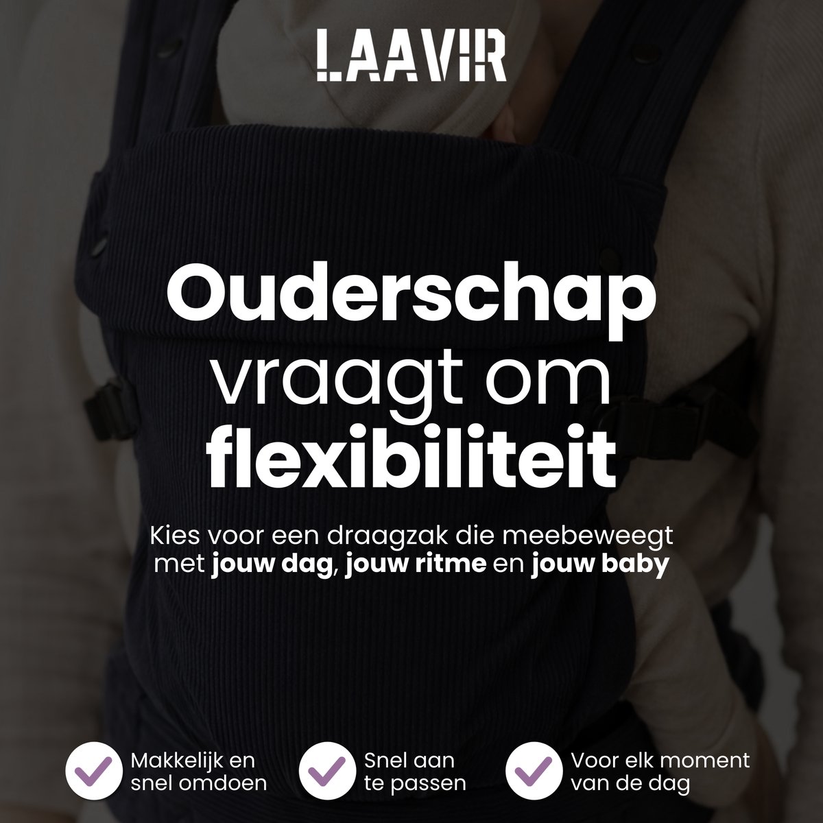 Laavir® Baby Draagzak Corduroy - Comfortabele Buikdrager met Verstelbare Band - Voor 0 tot 36 Maanden - Zacht & Ademend - Zwart – foto 2