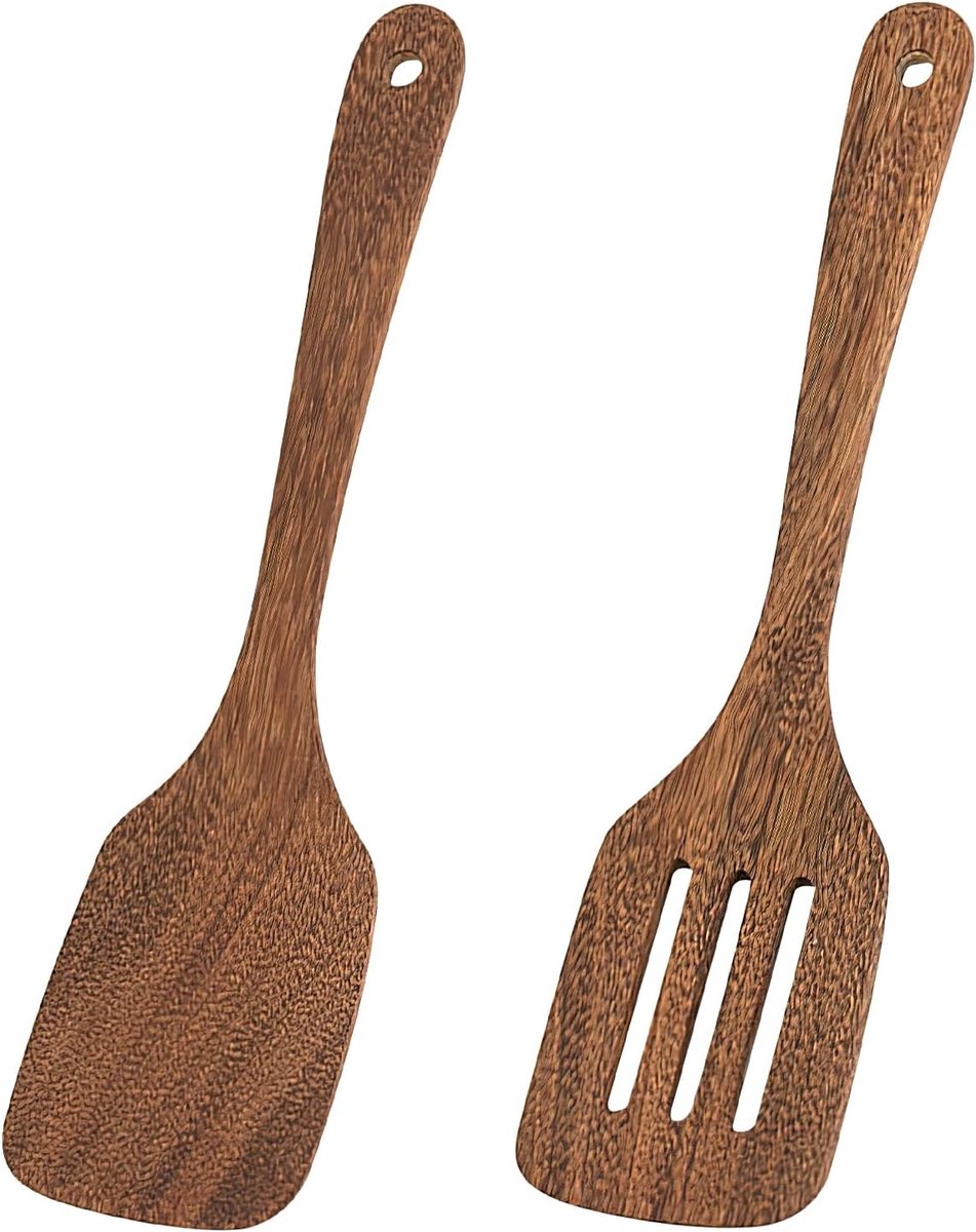 Set van 2 houten spatels, keukenhulp, met sleuf, keukenhulp, kooklepel met gat, keukengerei, sleufspatel, houten spatel, houten spatel, set van 2