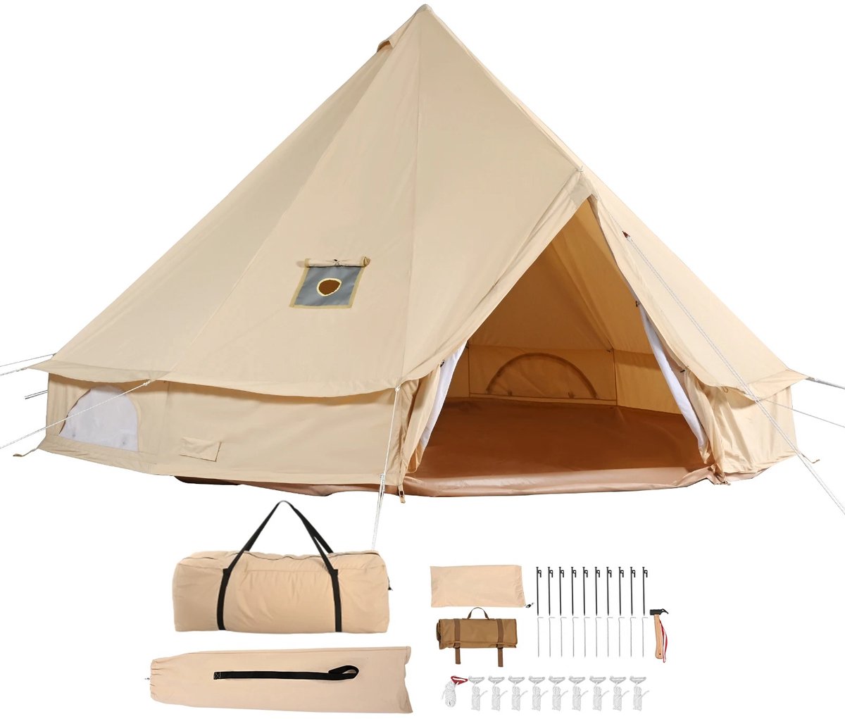 LabelOne Bell Tent - Tipi Tent - Tent - 3m doorsnede - 4 seizoenen - oprolbare wanden/deuren - incl. draagtas & accessoires
