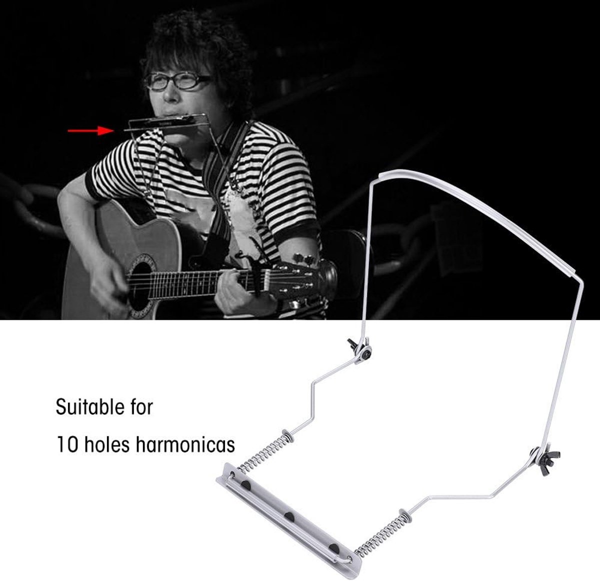 Harmonica Houder - Neksteun - Muziek Spelen - Verstelbaar Metalen Frame - 10 Gaten - Zilver