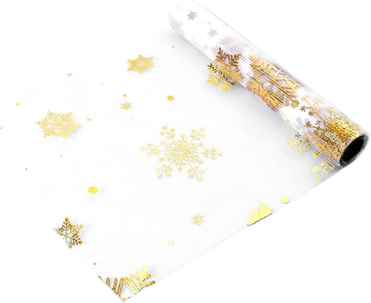 Tafelloper Sneeuwvlokken - Decoratie Stof - Feestelijke Decoratie - Goudfolie Applicatie - 28x1000cm - Goud