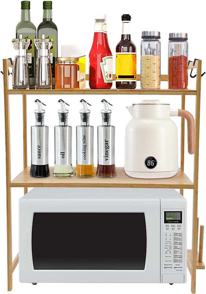 Keukenrek Bamboe - Opbergrek - Keuken Organiseren - Met 4 Haken - 55x35x67 cm - Houtkleur