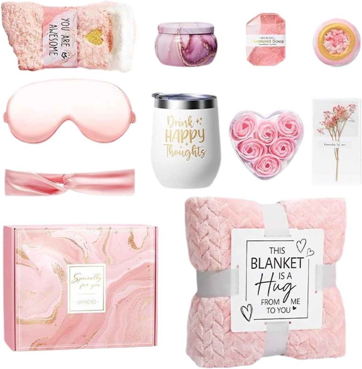 Zelfzorg Cadeaupakket - Ontspanningsbox Welzijn - Verwen Momenten - Luxe Flanellen Deken - 27 x 23 x 13 cm