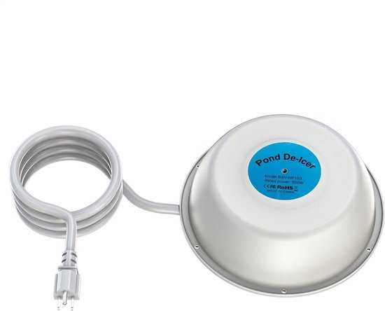Ronde, lichtgrijze vijverontdooier met snoer, label 'Pond De-Icer', 500W, model BSV-HP103.