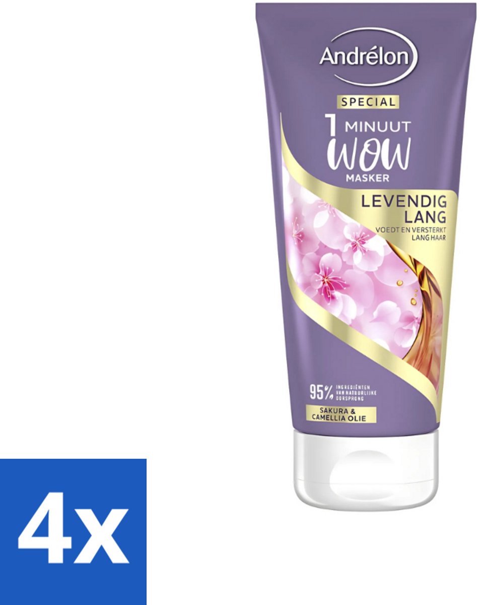 Andrélon - WOW - Masker - Levendig Lang - 180 ml - Voordeelverpakking - 4 stuks - Haar masker - Lang haar