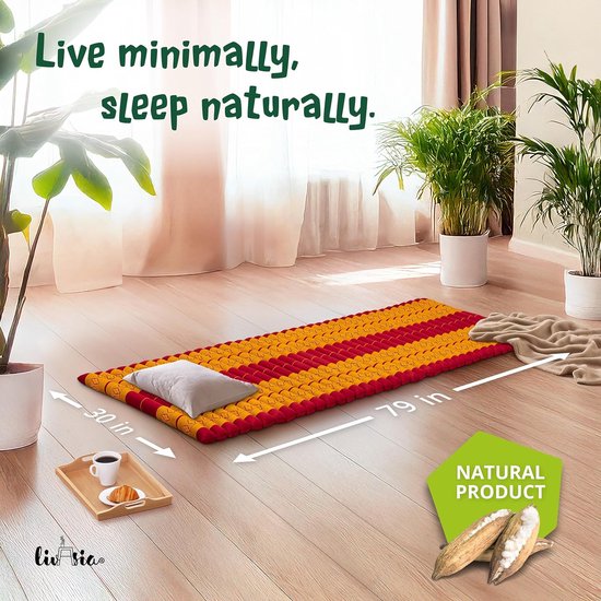 Rolmatras Gastenbed - Reisbed Eenpersoons - Ontspannen Buiten - Handgemaakt Kapokvulling - 200x75x4.5cm - Rood/Geel — afbeelding 5