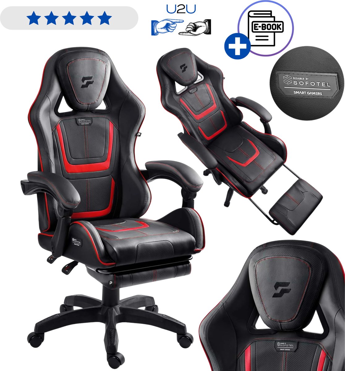 Sofotel Specter Gamingstoel - Ergonomische Gamestoel / Gaming Chair met voetsteun, verstelbare rugleuning, draaibare stoel, hoogte verstelbaar, ademend materiaal, 120 kg belastbaar, ideaal voor gamen, werken en ontspannen Met Ebook