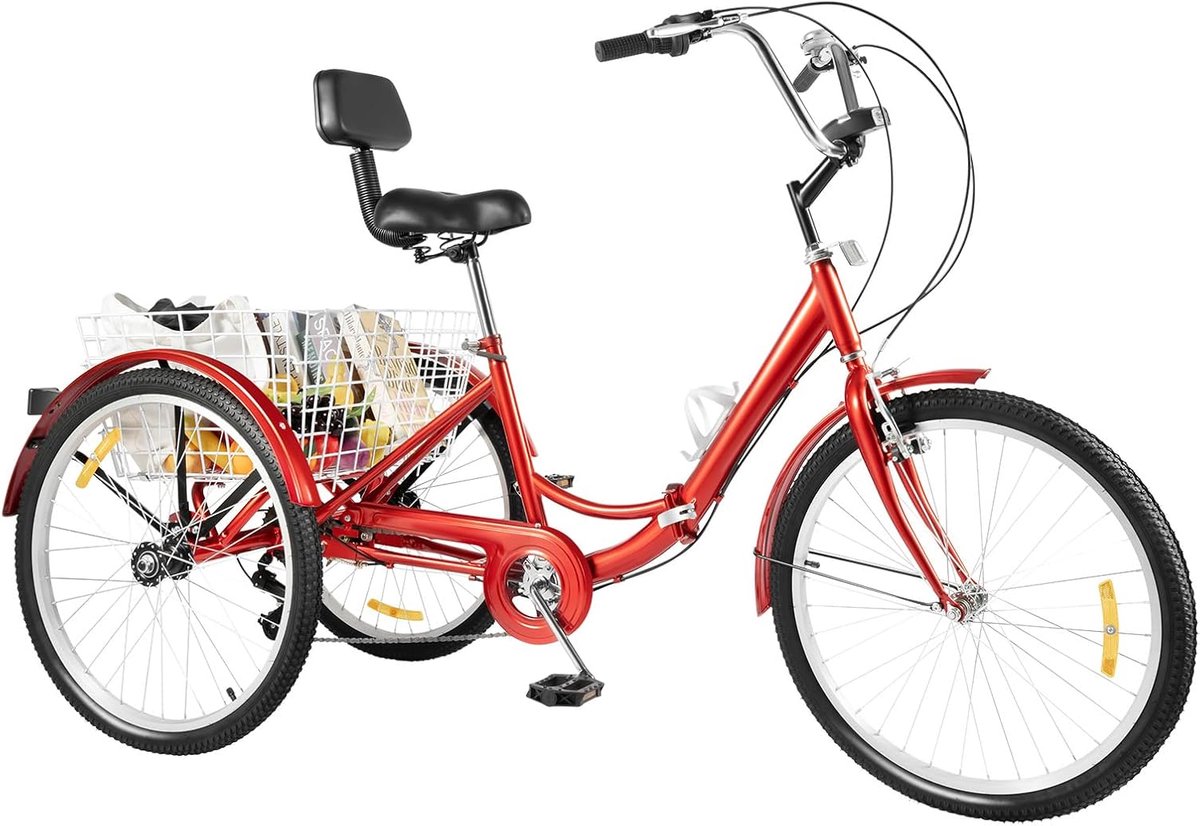 Opvouwbare driewieler - Volwassen fiets - Stabiel transport - 7 versnellingen - 24 inch wielen - Rood