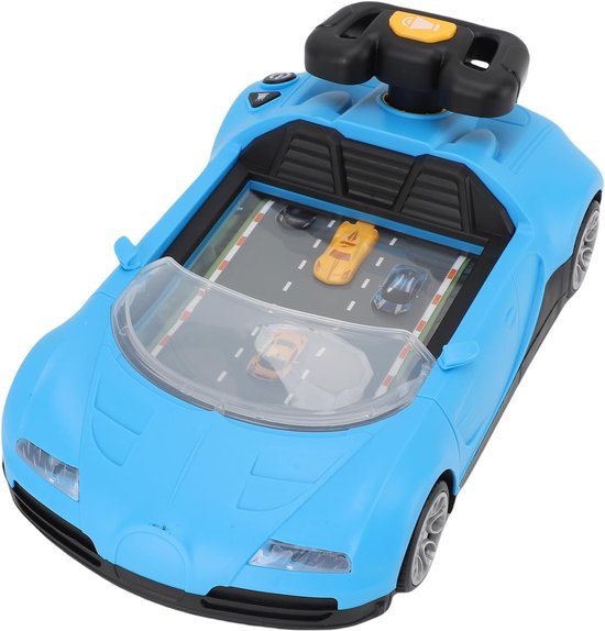 Blauw raceautostuur met een racespel op het scherm, met gele, blauwe en zwarte auto's.