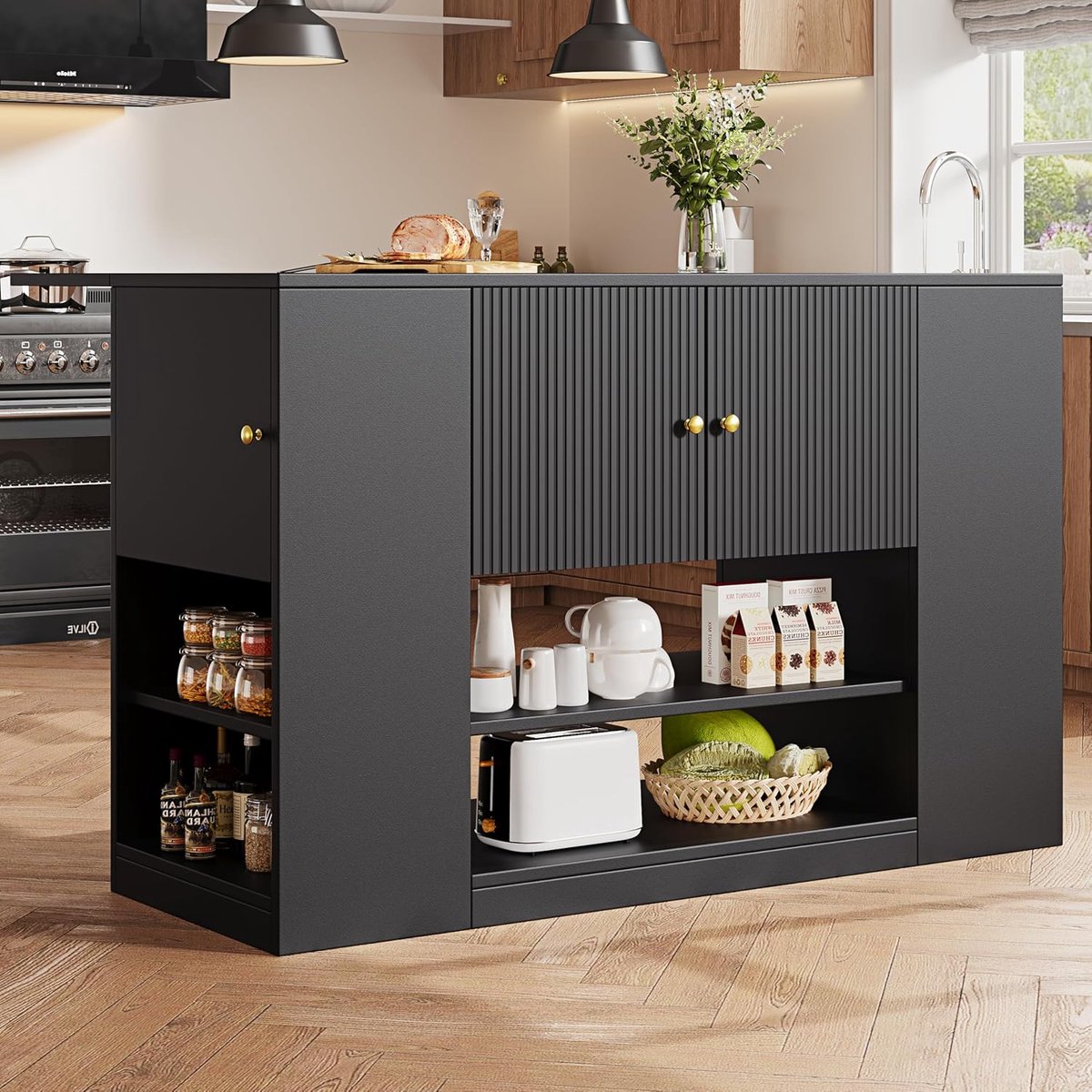 Keukeneiland - Buffetkast Dressoir - Keuken Eetkamer - Inklapbaar Werkblad - 140x90cm - Zwart