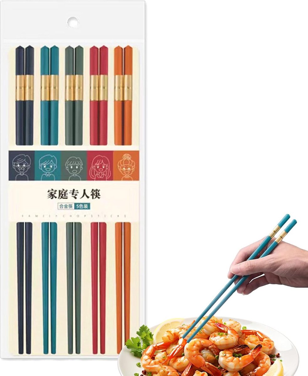 Chinese eetstokjes - Eetstokjes set - Aziatisch eten - Vaatwasserbestendig antislip - 24.3 cm lang - Vijf kleuren