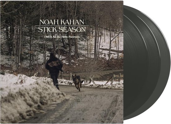 Vinyl LP van Noah Kahan 'Stick Season (We'll All Be Here Forever)' met een persoon en hond op een besneeuwd pad.