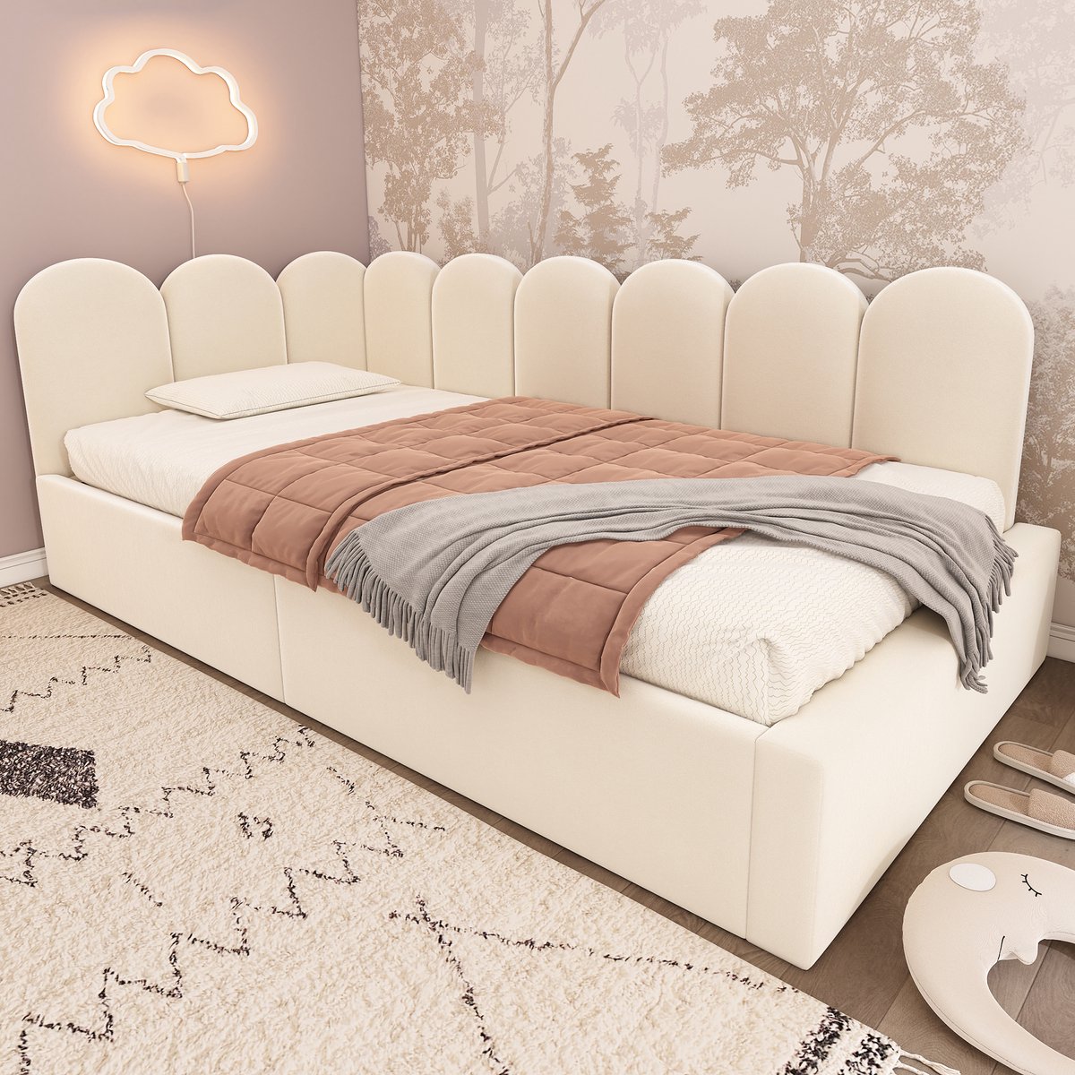 Zubaliya Kinderbed 90x190 cm Zitbankbed - Fluwelen Beige Met Hydraulische Opbergruimte Metaalframe lichtbruin