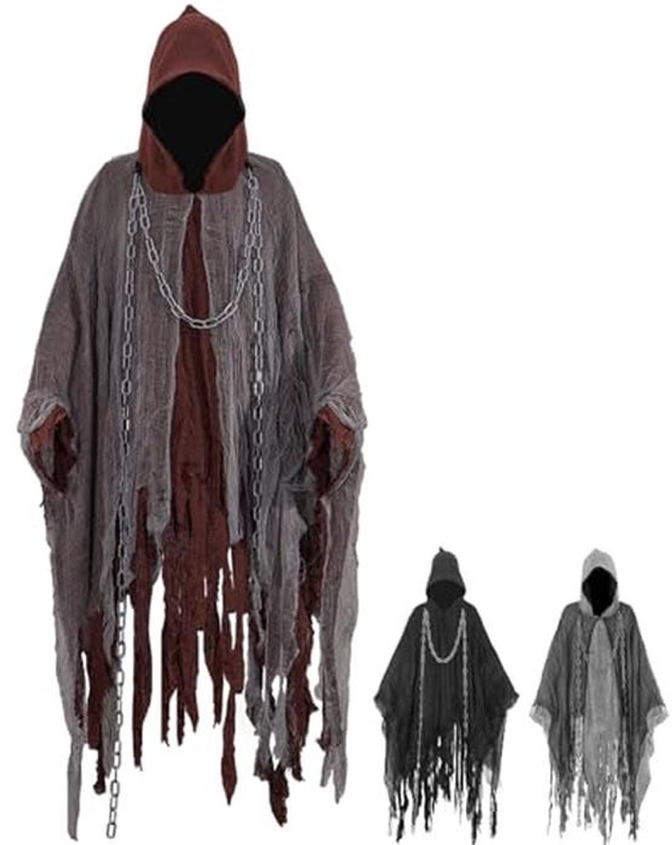 Griezelig spookkostuum voor volwassenen met ghost cape en tailleketting voor Halloween