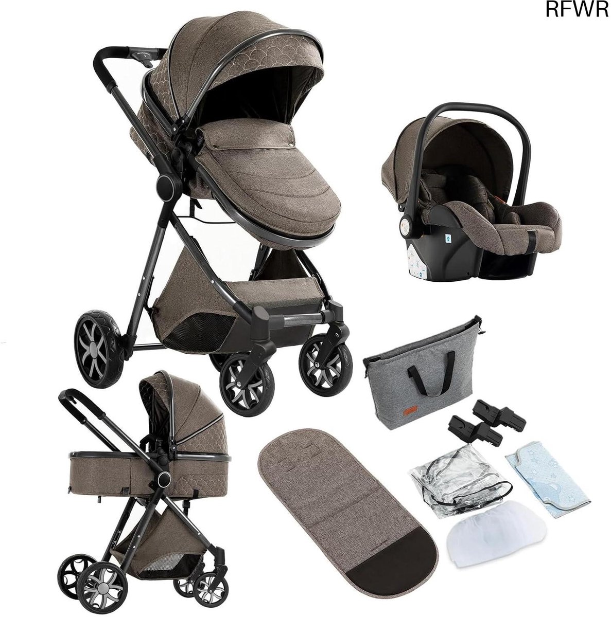 3-in-1 Kinderwagen voor Pasgeborenen - Multifunctionele Kinderwagen met Inklapbaar Aluminium Frame