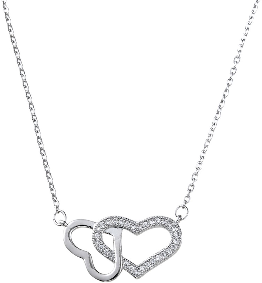 Decopatent - Halsketting Ketting Dames 2 Harten door Elkaar - Verbonden Harten - Schakelketting Verstelbaar van 40 tot 45 Cm - Nikkelvrij - Kettingen met bedel hanger vrouw - Elegant Cadeau - Zilverkleurig
