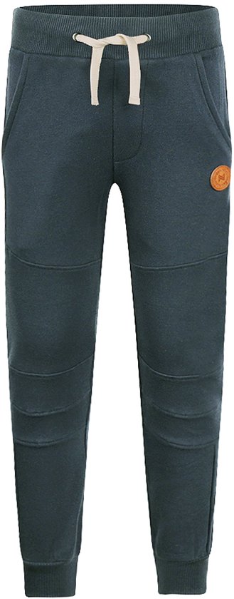 Donkerblauwe joggingbroek met veter, decoratieve naden en rond merklogo.
