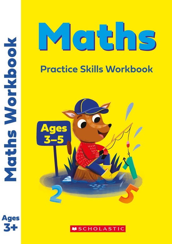 Boek 'Maths Practice Skills Workbook' met een vosje dat vist, in een geel veld.