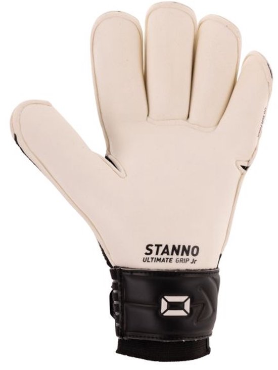 Beige keepershandschoen met zwarte band en STANNIO ULTIMATE GRIP Jr tekst.