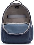Sac à dos Kipling bleu foncé, ouvert, avec compartiment pour ordinateur portable et poche avant bleue.