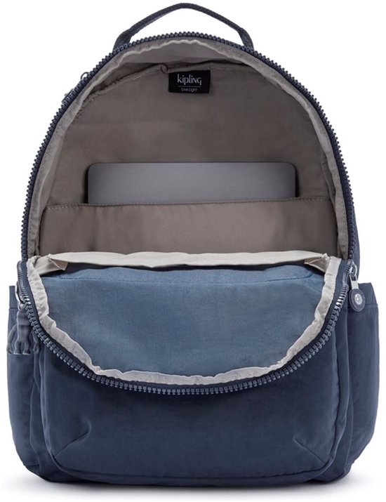 Sac à dos Kipling bleu foncé, ouvert, avec compartiment pour ordinateur portable et poche avant bleue.