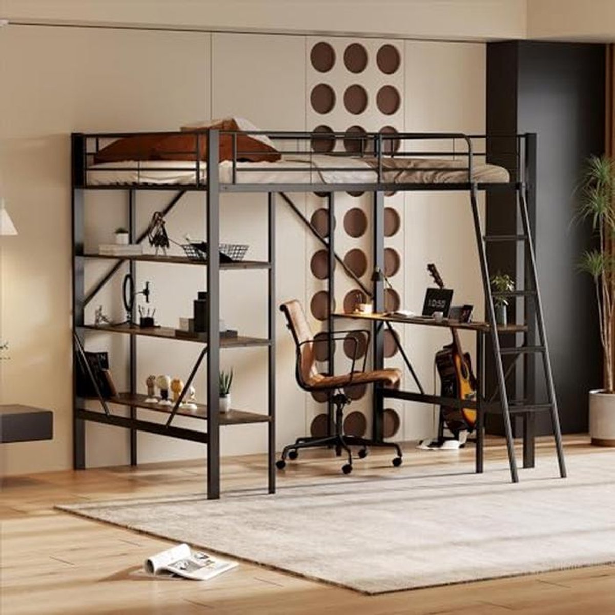 Metalen hoogslaper met bureau en planken - 90 x 200 cm - zwart