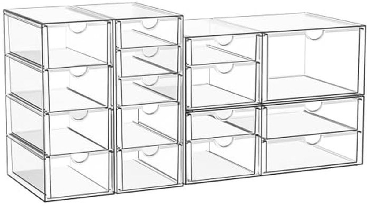 Set van 4 doorzichtige cosmetica- en bureau-organizers met 16 handige laden