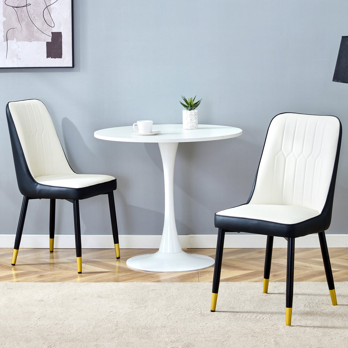 MODFU Eetkamerstoel set van 2, PU kunstleer zwart-wit, metalen poten, ergonomische rugleuning Wit+Zwart