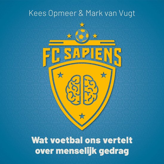 Boekcover: FC Sapiens logo met hersenen, voetbal en sterren. Titel: Wat voetbal ons vertelt over menselijk gedrag.