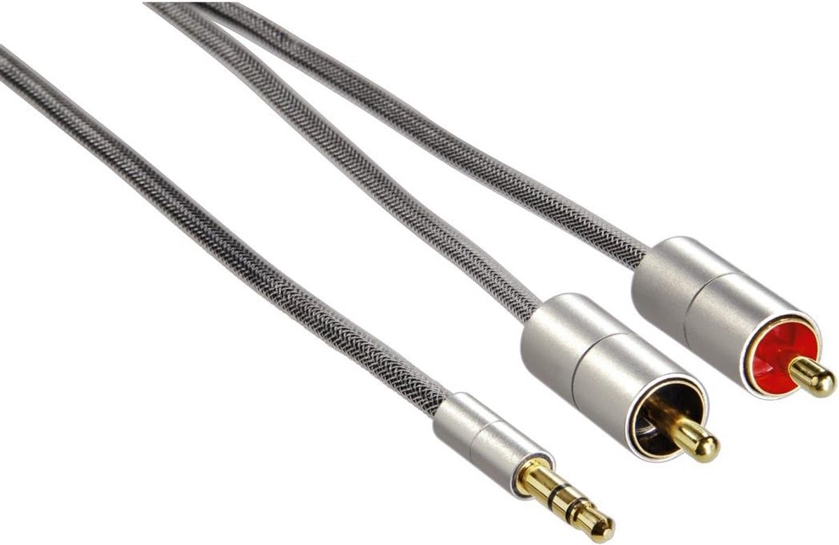 1m AluLine 3,5 mm Jack Stereo naar 2 x RCA Aansluitkabel - Zilver