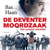 Boek "De Deventer Moordzaak" met een close-up van de auteur Bas Haan en een menigte verslaggevers.