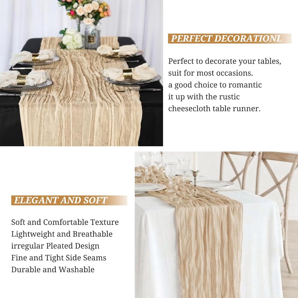 Set van 6 Romantische Beige Kaasdoek Tafellopers voor Bruiloften en Feestdagen