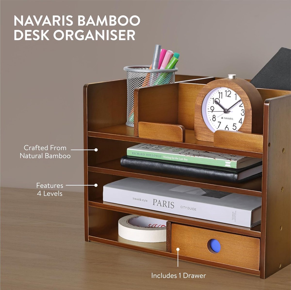 Bamboe Houten Bureau Organizer - Bureau Kast 33 x 24 x 26 cm - Voor Kantoorbenodigdheden en Brieven - Donkerbruin — cadeau in Wonen & Interieur - foto 2