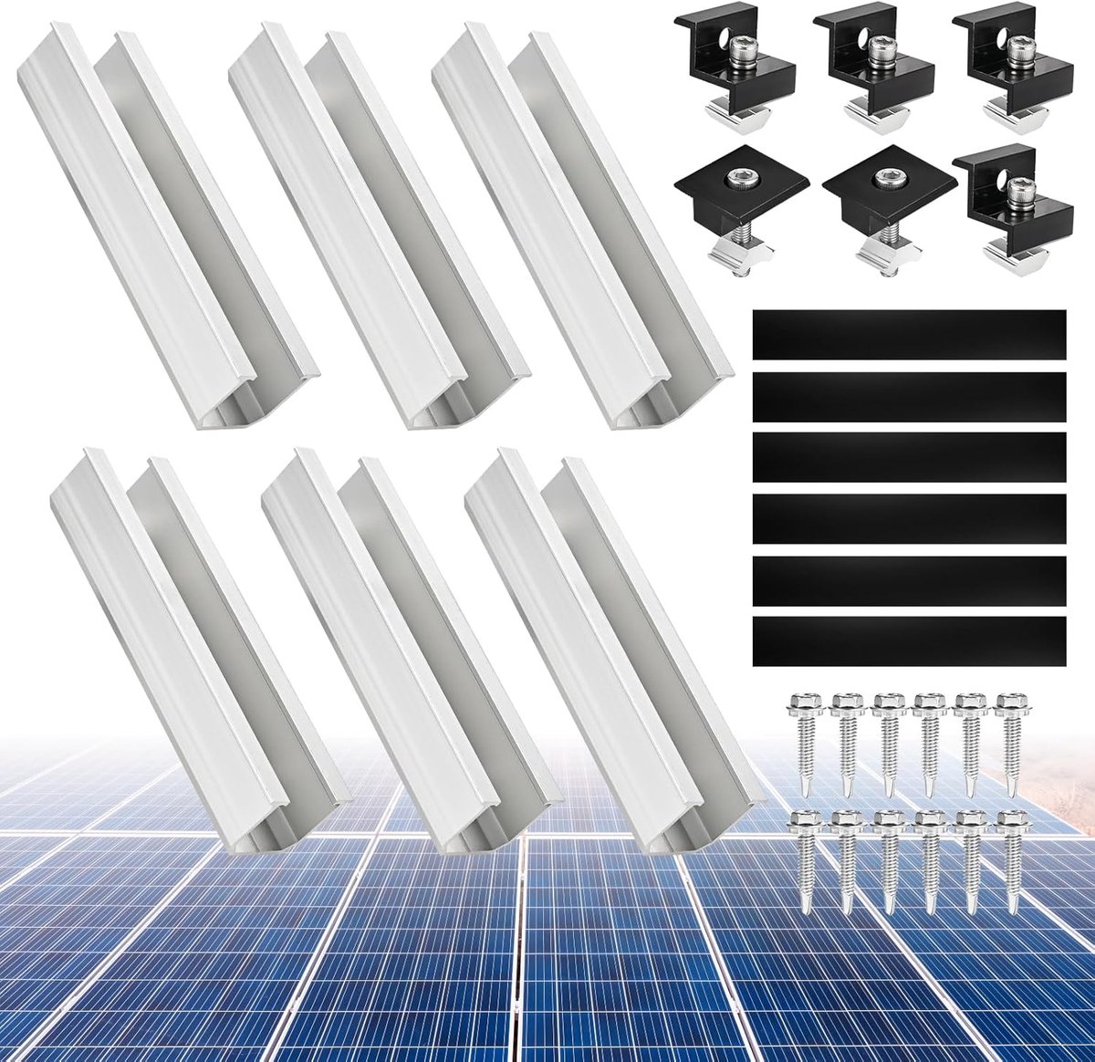 Montageset voor Zonnepanelen - 12 cm Aluminium Profielrails en Accessoires - Zwart Geanodiseerde Afwerking - 30-35 mm - Verstelbare Beugels voor Zonnepanelen - Geschikt voor Platte Daken, Trapeziumvormige Daken en Metalen Daken
