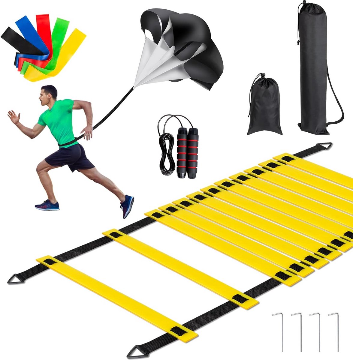 Voetbaltrainingsuitrustingsset 20 voet - Pro Speed & Agility Ladder, Weerstandsparachute en Springtouw