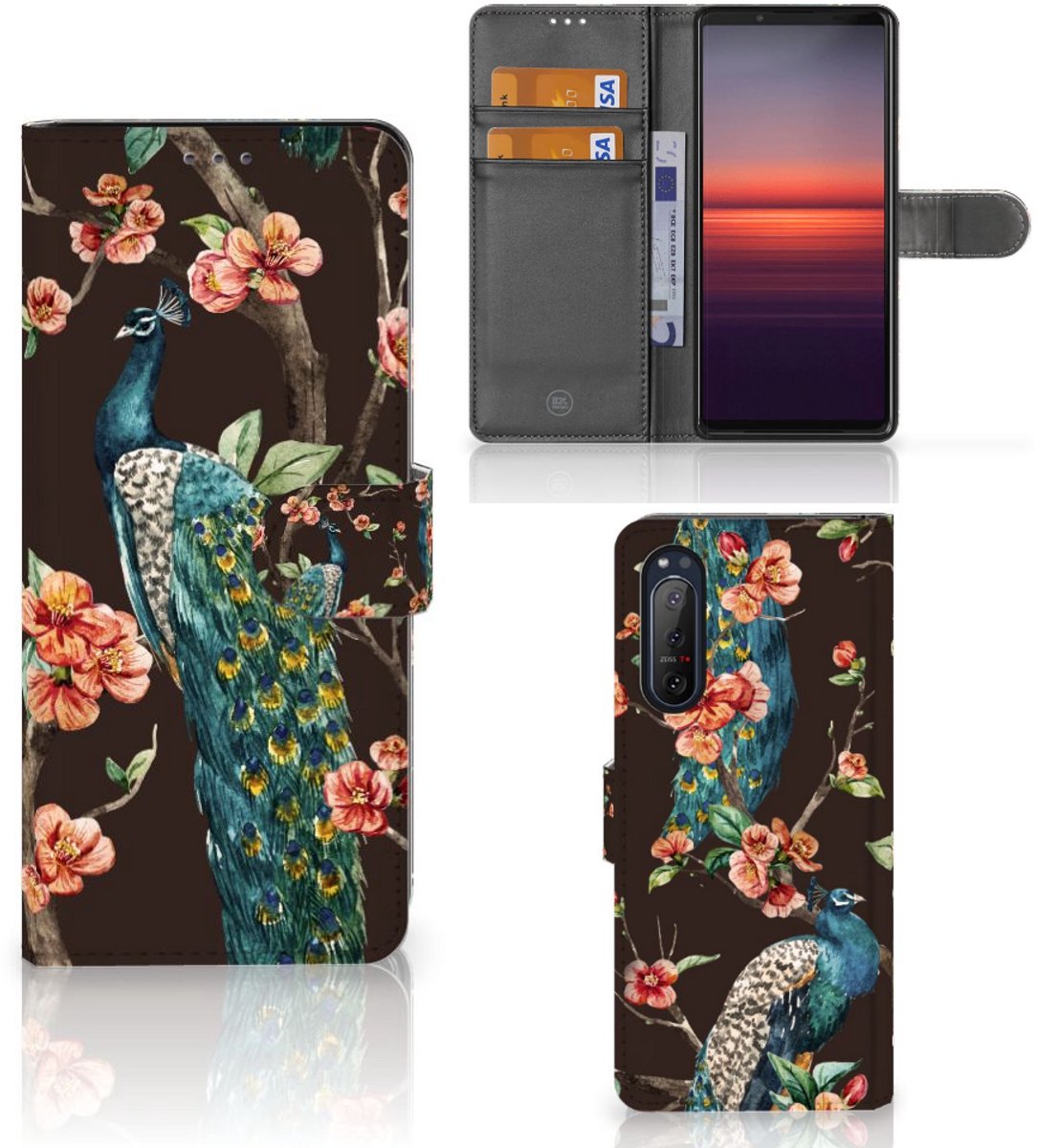 Sony Xperia 5II Telefoonhoesje met Pasjes Pauw met Bloemen
