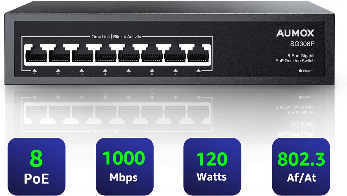 8-poorts Gigabit POE-schakelaar - Onbeheerde Ethernet Switch met 120W POE Vermogen