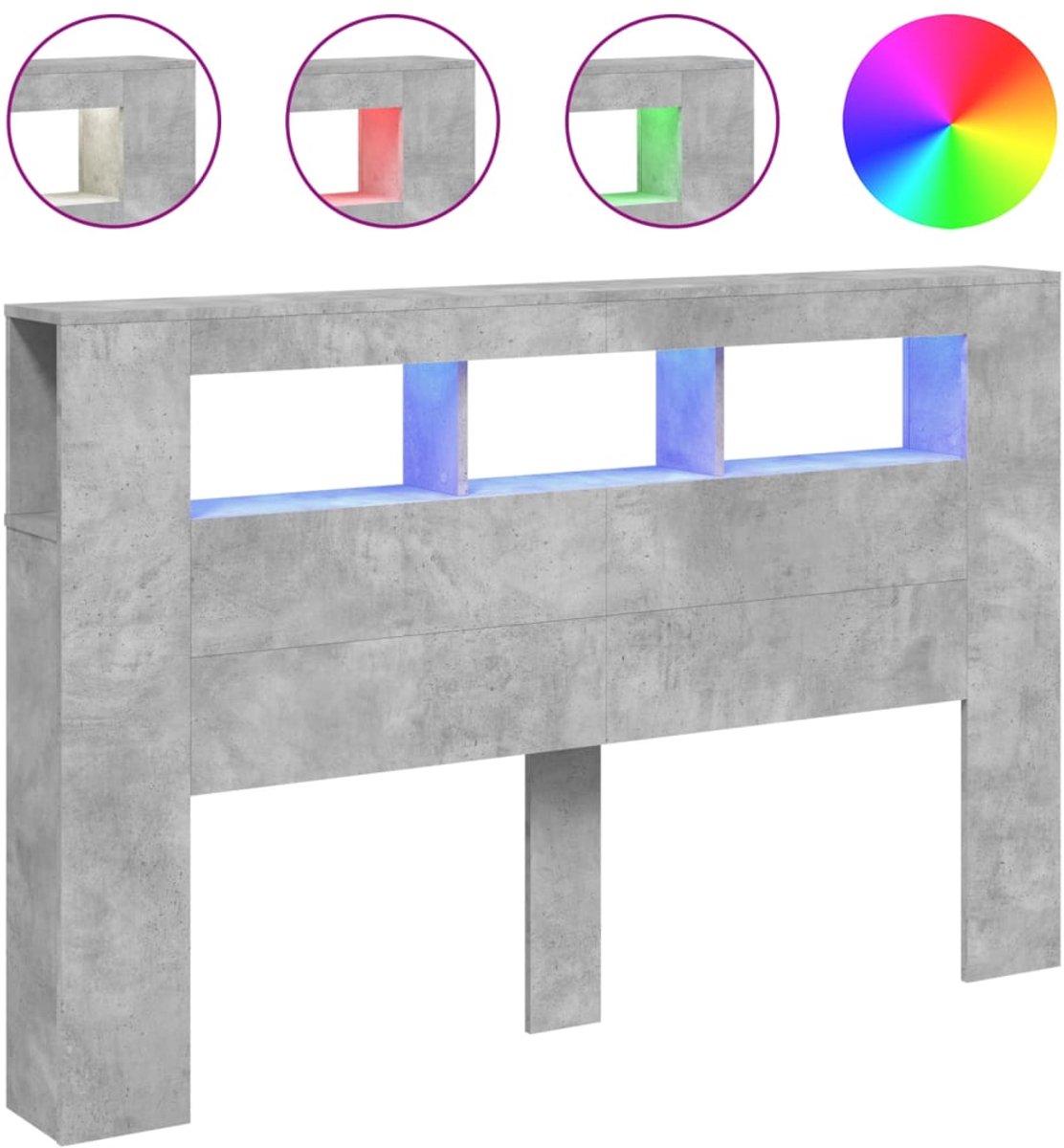 vidaXL - Hoofdeinde - met - LED - 160x18,5x103,5 - cm - bewerkt - hout - betongrijs