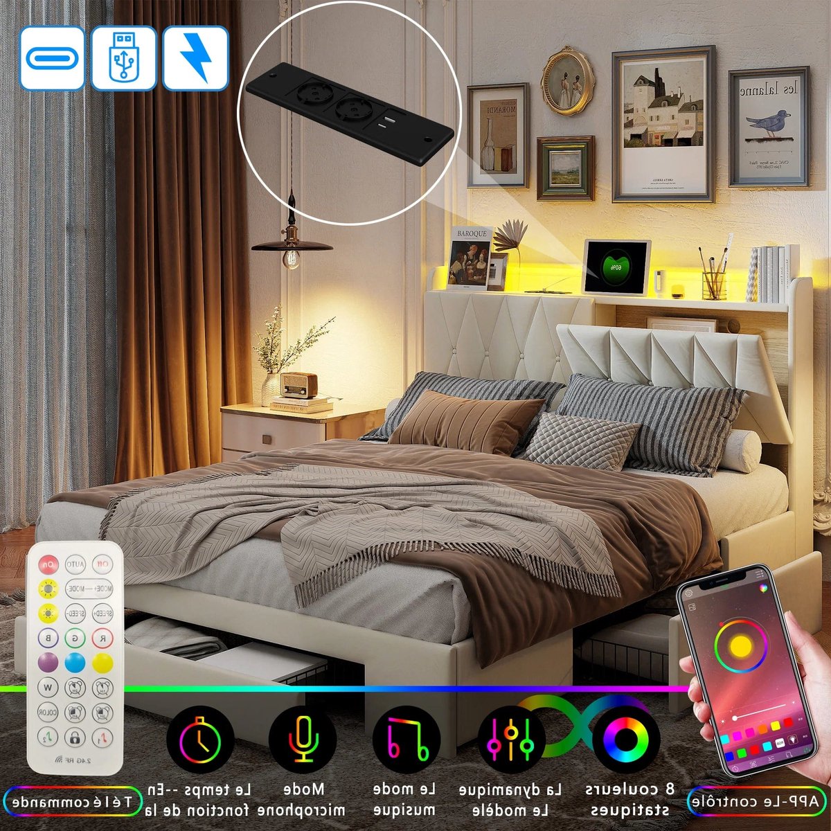 Bedkastenbed – Opbergbed – Tweepersoonsbed – Gestoffeerd Bed – Bedframe – 160x200 cm – USB Opladen – 3 Lades Met Wieltjes