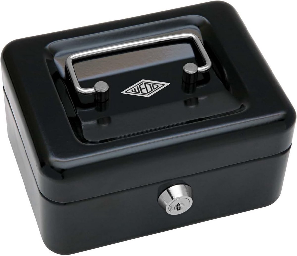 Geldcassette van gepoedercoat staal met intrekbare handgreep en veiligheidslot - 4 vakken voor munten - 15,2 x 11,5 x 8,0 cm - zwart
