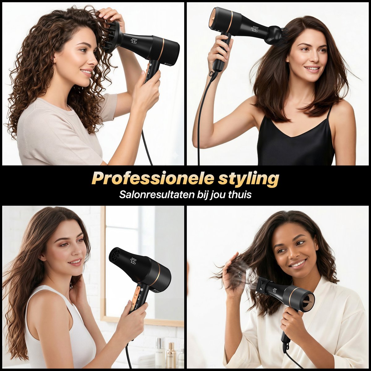 BAESS Föhn met Diffuser - 5 Standen - Ionische Haardroger met Borstel - Retro Haarföhn - Krullen - Hair dryer - Zwart thumbnail 8