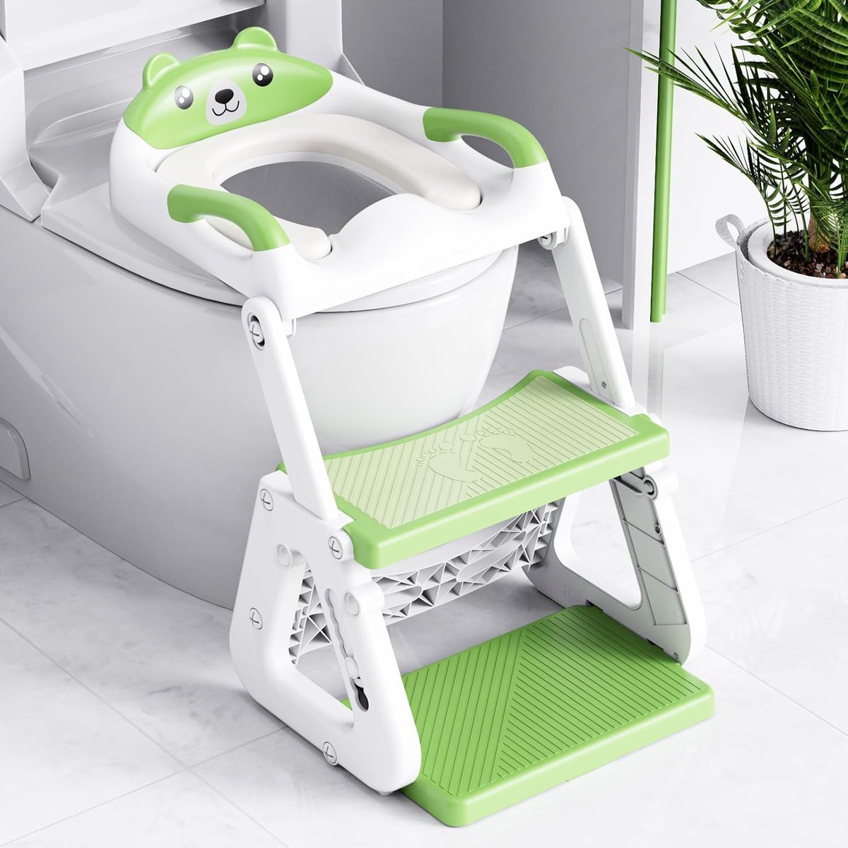 Kindertoiletbril met Trap - Zindelijkheidstrainer Potje - Zelfstandig Toiletgebruik - Verstelbare Hoogte & Spatbescherming - 335 cm Breed - Groen