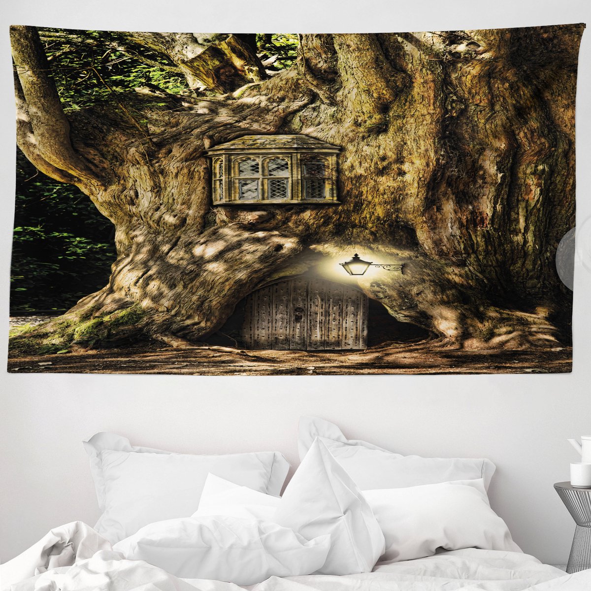 ABAKUHAUS Fantasy Wandtapijt en Sprei, Sprookjeshuis met Boom, 230 x 140 cm, Umberbruin Umber Braun